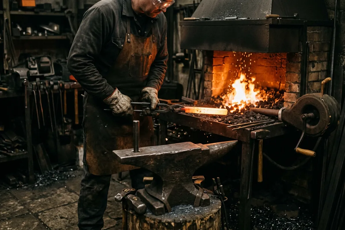 A smith working hot steel with tongs over a diy coal forge while wearing eye protection