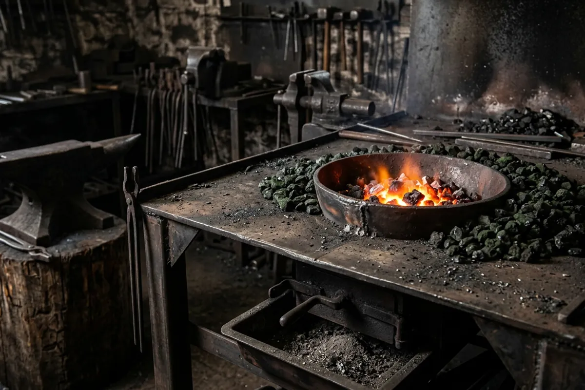 A deep welded coal forge firepot showing the concentrated coke fire a coal forge needs
