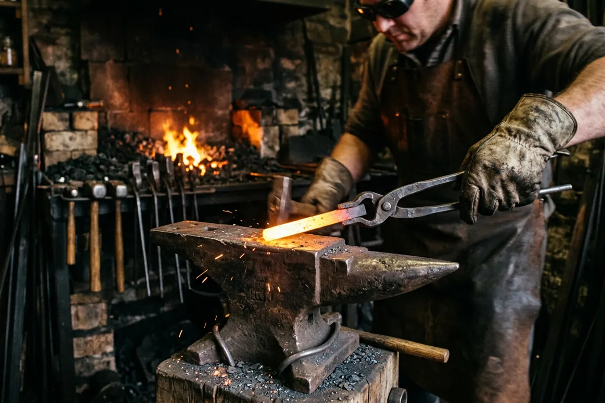 Hot steel pulled from a coal forge with tongs and eye protection in a home shop