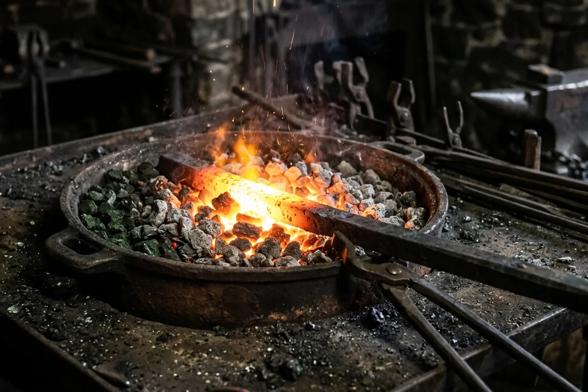 A steel bar buried in the hot spot of a coal forge firepot glowing fiercely in one zone, the concentrated local heat coal is known for