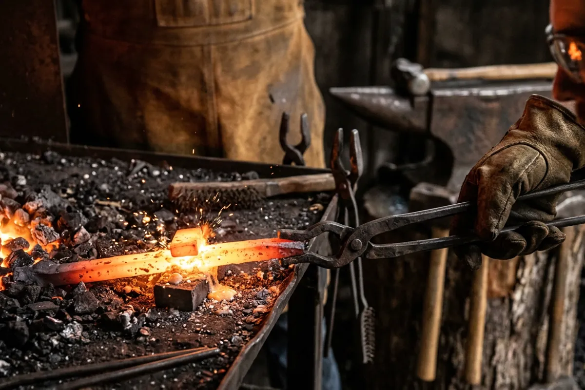 Tongs holding wrought iron at a coal fire as a colonial blacksmith prepares to forge weld a steel edge onto it.