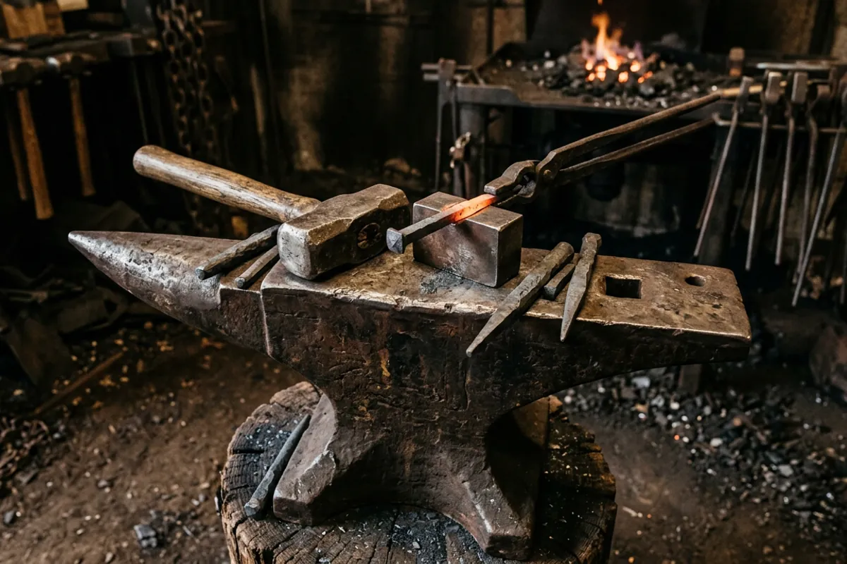 An anvil and nail header lit by forge glow, the kind of hand nail work a colonial blacksmith did daily.