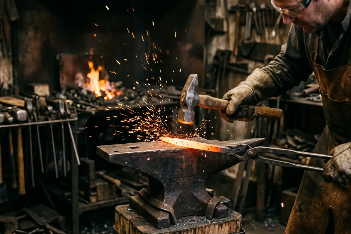 A cross peen blacksmith hammer drawing out a glowing bar of steel held in tongs on the anvil