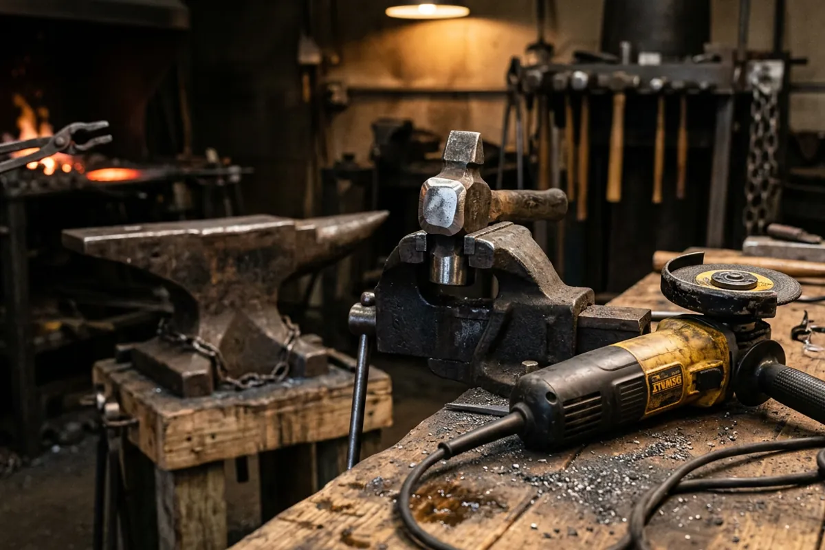 Dressing the face edges of a new cross peen blacksmith hammer with a grinder before forging