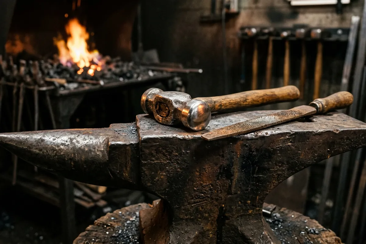 A converted diy forge hammer with a domed rounding face resting on an anvil next to a file