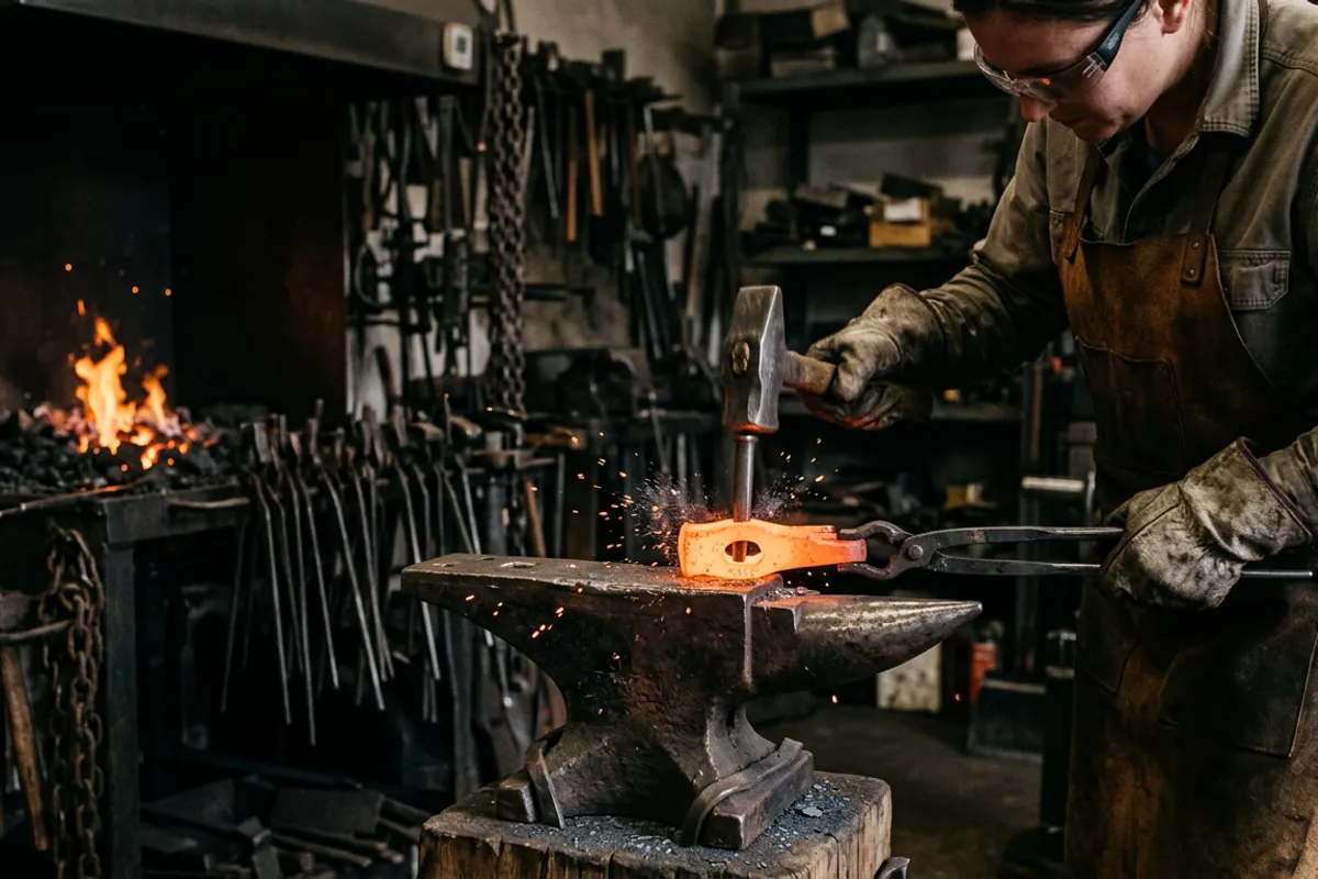 A smith forging a diy forge hammer head from bar stock and drifting the eye on an anvil
