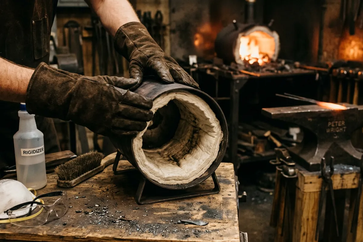 Gloved hands fitting ceramic fiber blanket into the shell of a diy forge with a rigidizer spray bottle and respirator on the bench