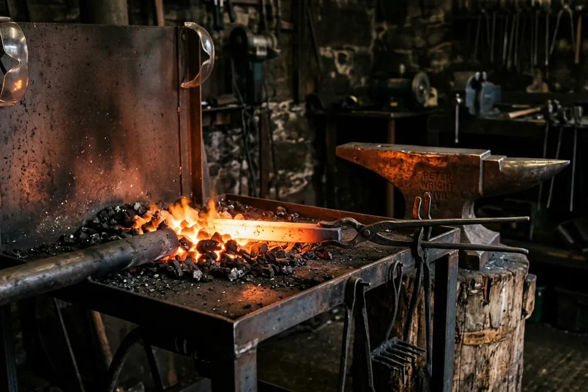 A homemade side blast diy forge burning coal beside an anvil on a stump in a dark home shop