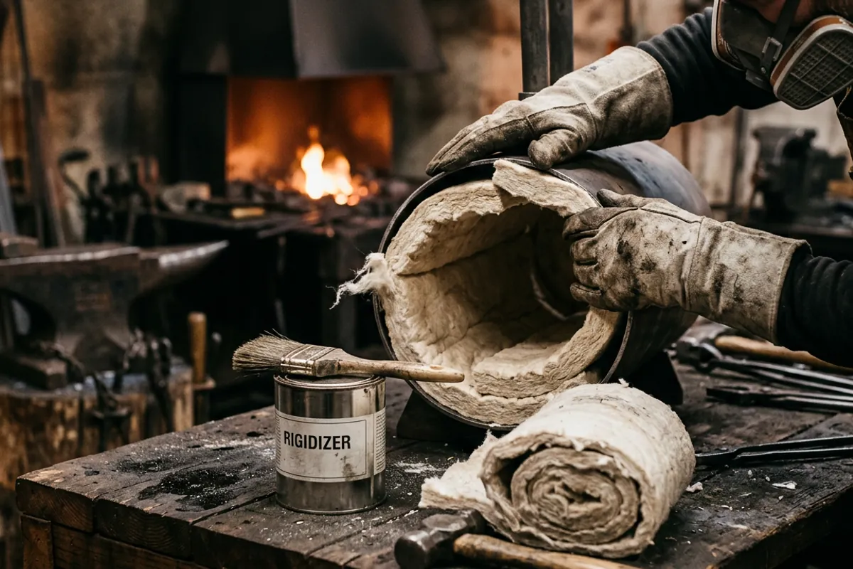 Installing 2400F ceramic fiber insulation inside a diy propane forge shell while wearing a respirator