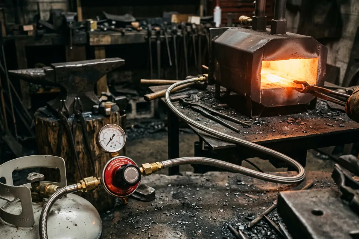 The adjustable high-pressure regulator and hose that feed a diy propane forge burner