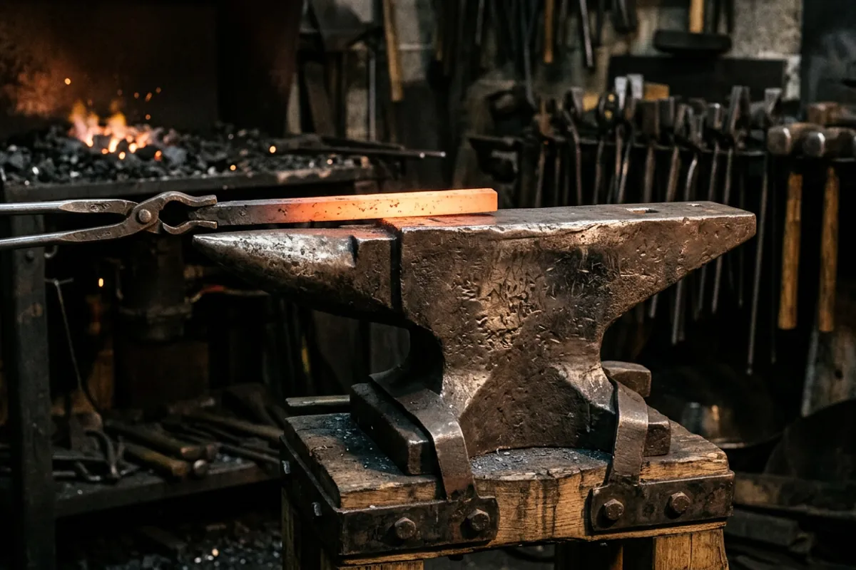 A heavy anvil, the first piece of equipment for blacksmithing worth spending money on, with hot bar held in tongs