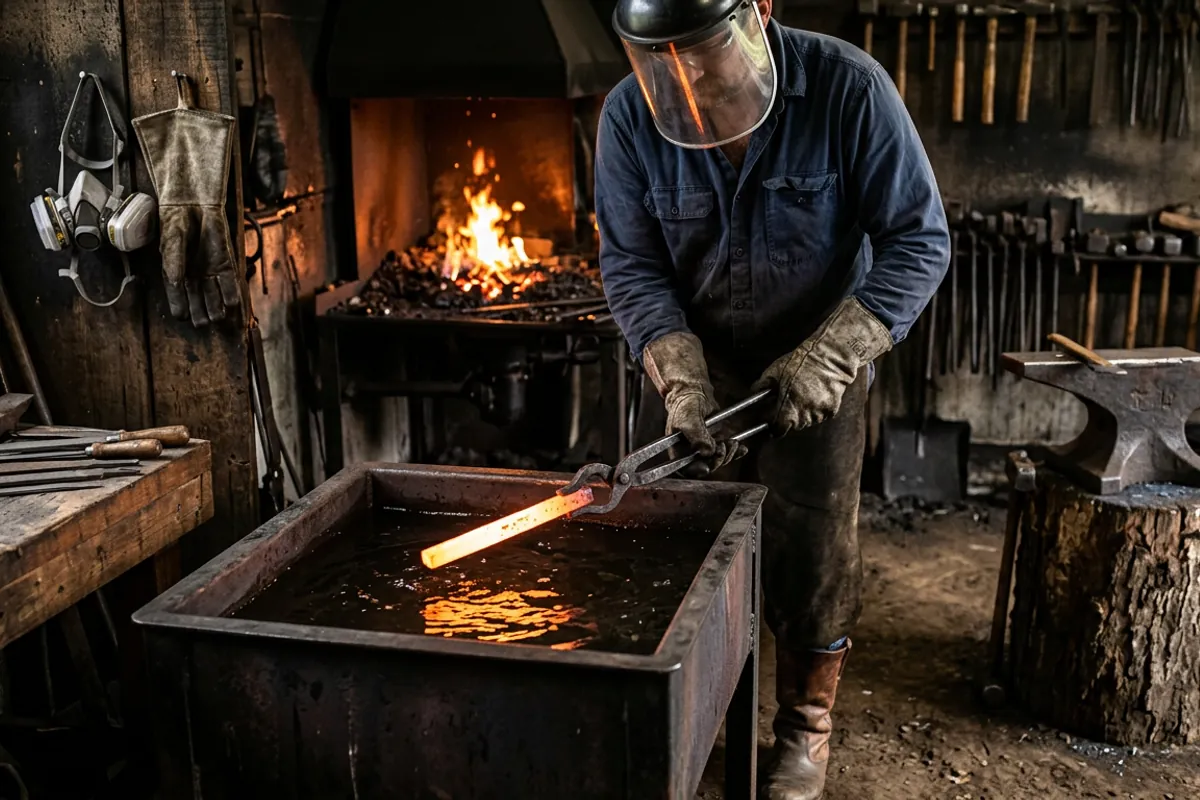 Face shield, safety glasses and natural fiber clothing shown as core safety equipment for blacksmithing