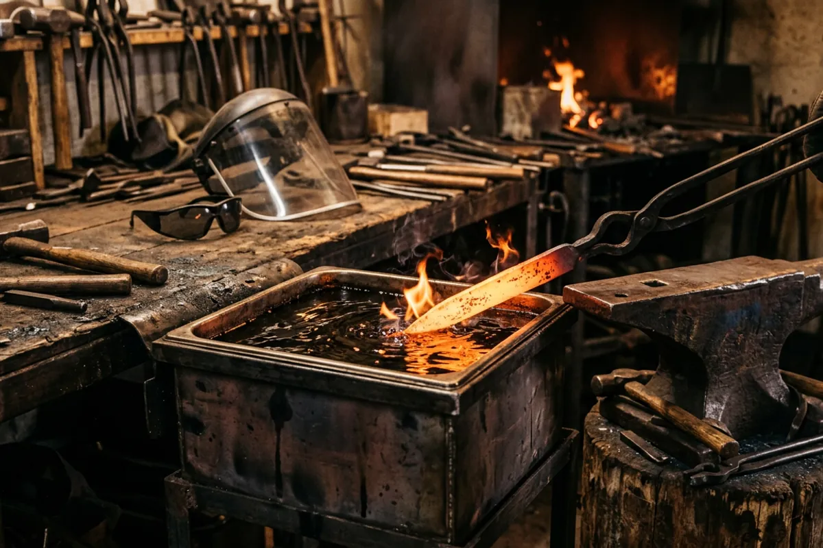 A hot blade lowered into an oil quench with tongs, the fast cool at the heart of steel treating