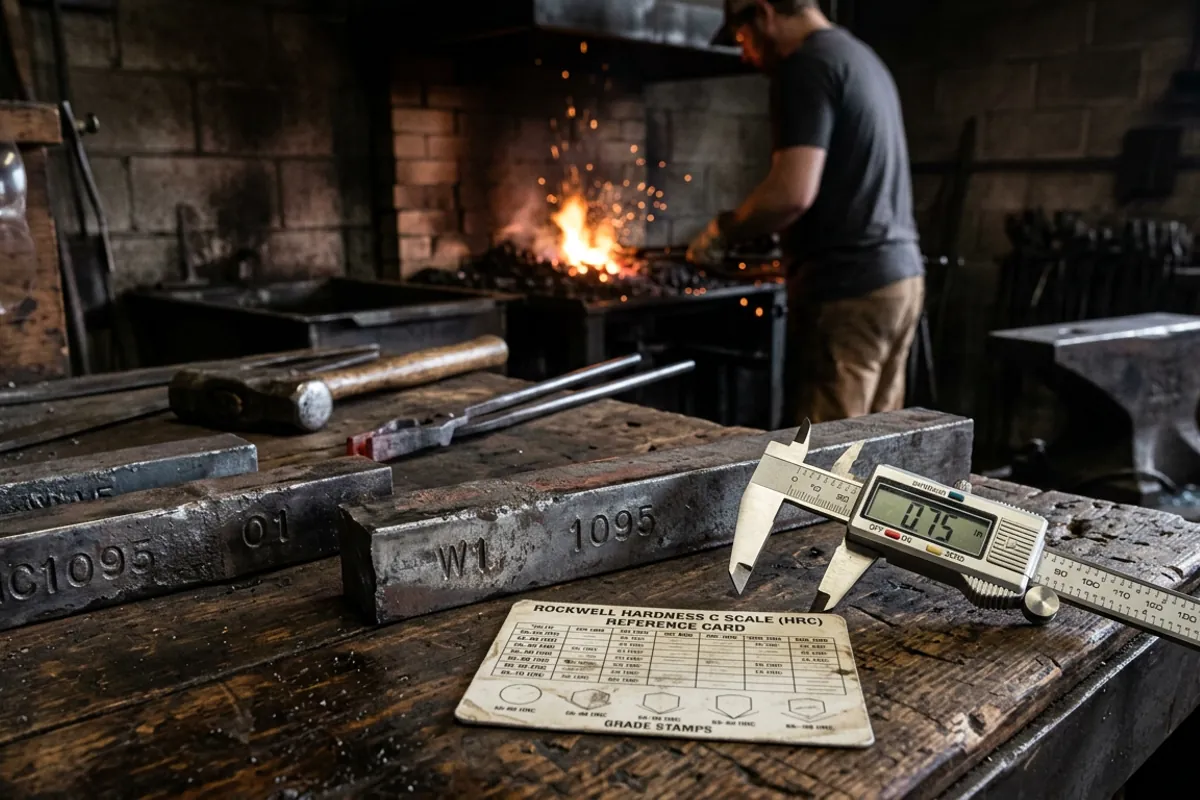 Labeled steel bar stock and calipers on a shop bench, the grade a commercial steel treating shop needs to know
