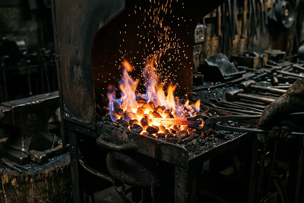 The forge fire that made old cultures imagine a famous blacksmith among their gods, burning bright in a dark shop.