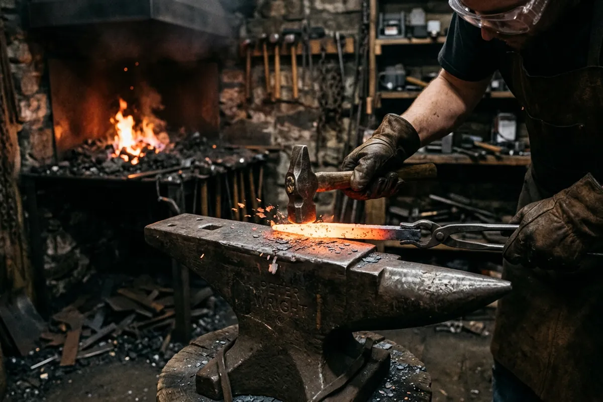 Hand forging at the anvil, the everyday skill behind every famous blacksmith who ever left iron behind, shown with eye protection.