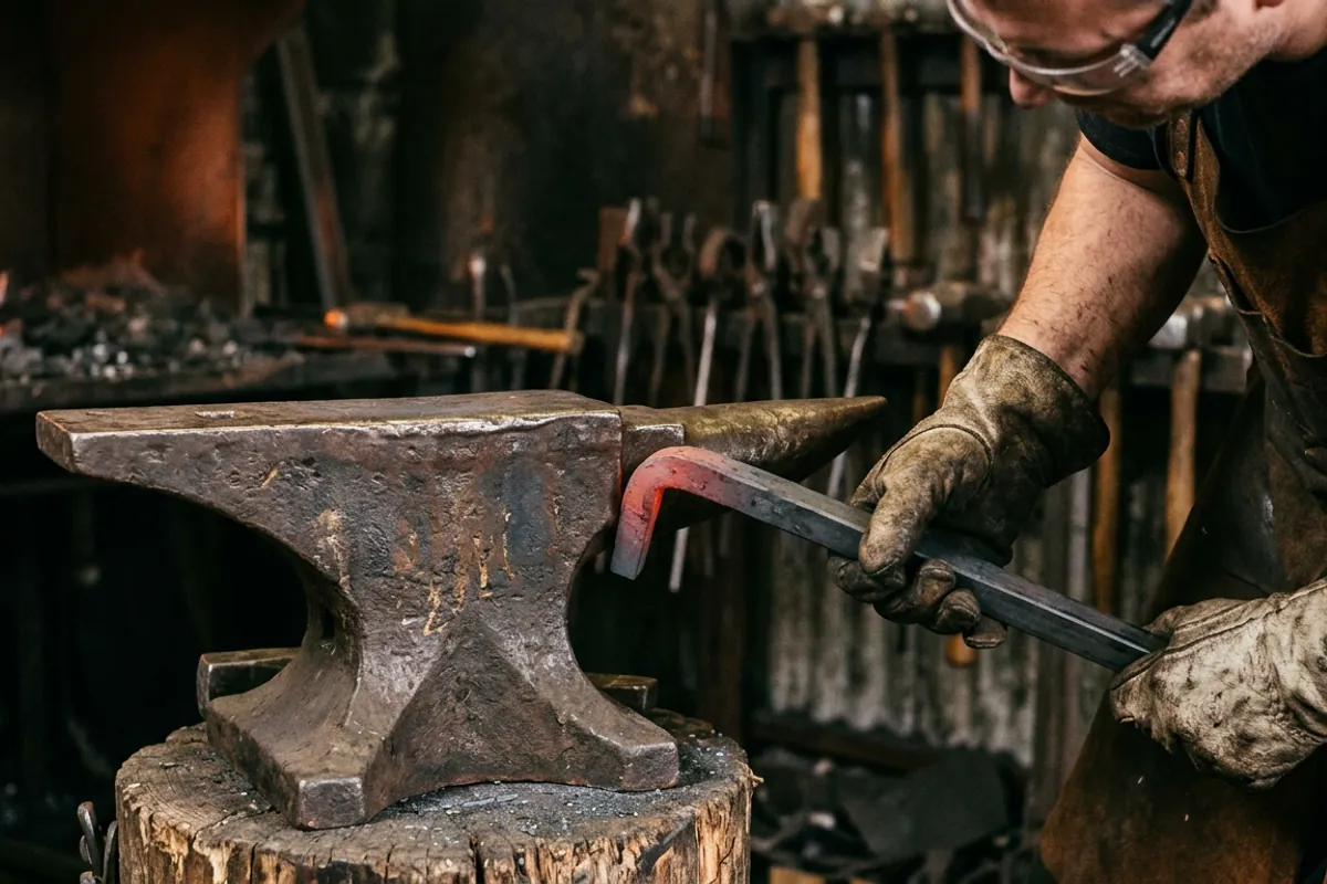 Gloved hands levering a bar in the turning cam of a farrier anvil to bend it cold