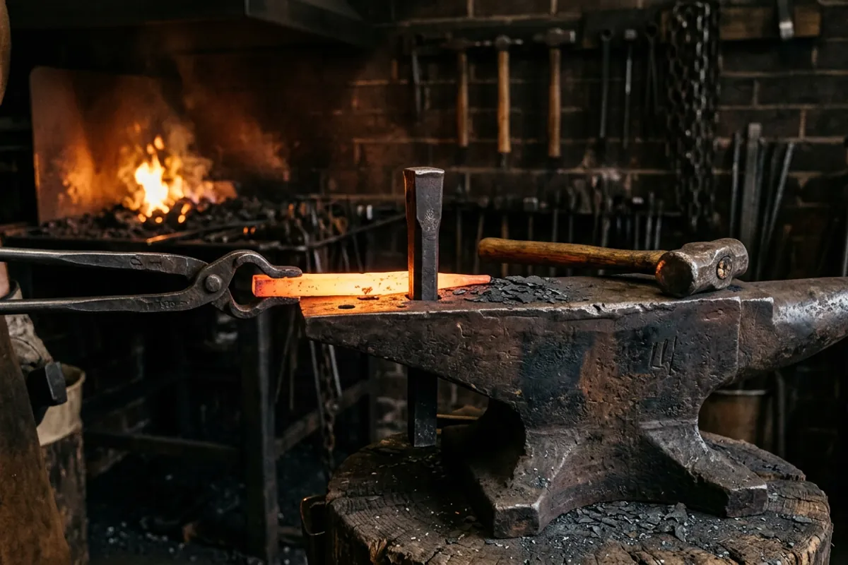 Tongs holding hot steel over the tapered heel of a farrier anvil with a hardy tool in the hardy hole