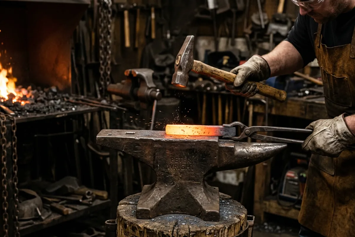 A blacksmith drives a cross pein hammer onto hot steel with a relaxed grip, the control a female blacksmith learns before weight.