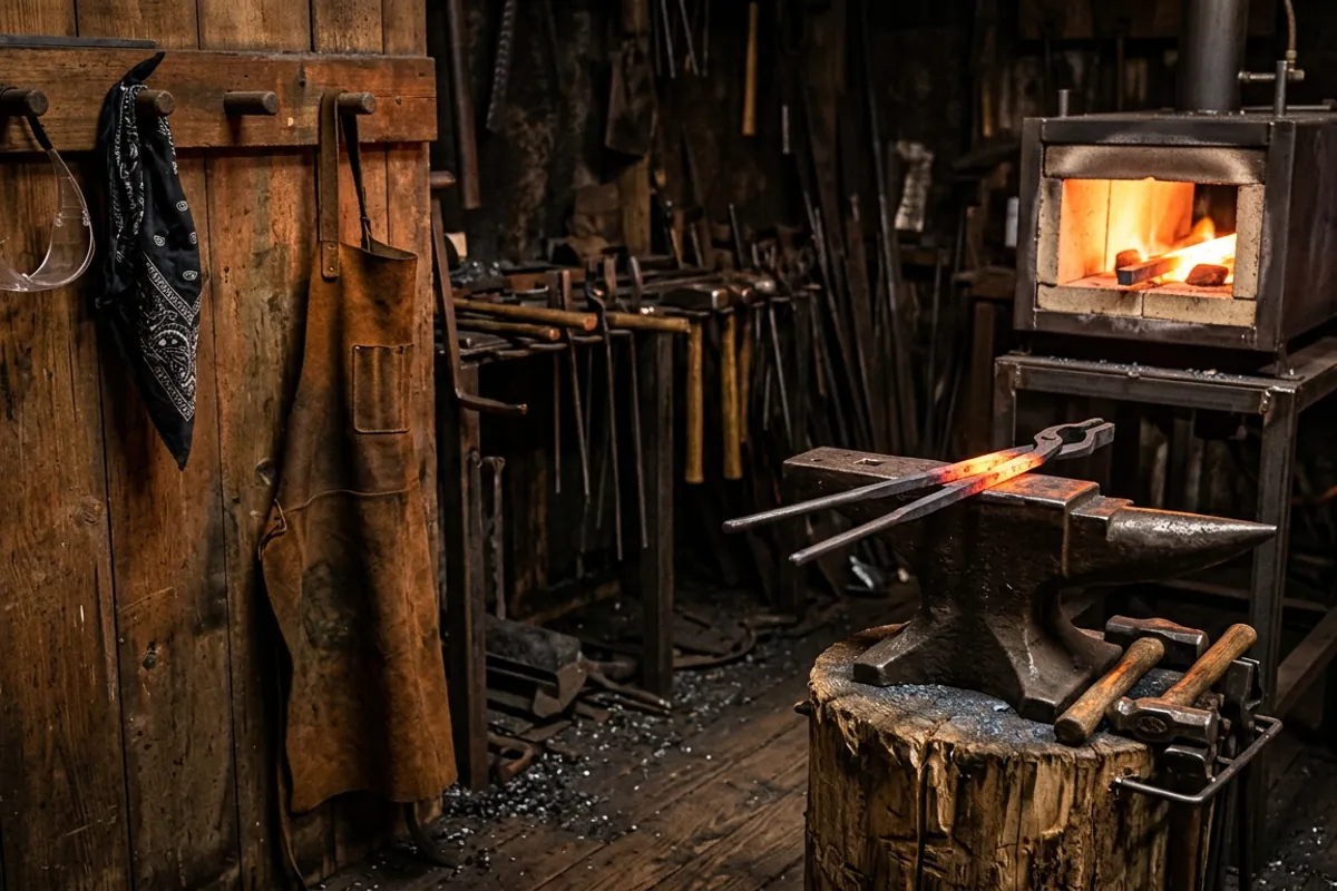 The safety gear and shop setup a female blacksmith fits to her own body, with glasses, apron, and an anvil set to knuckle height.