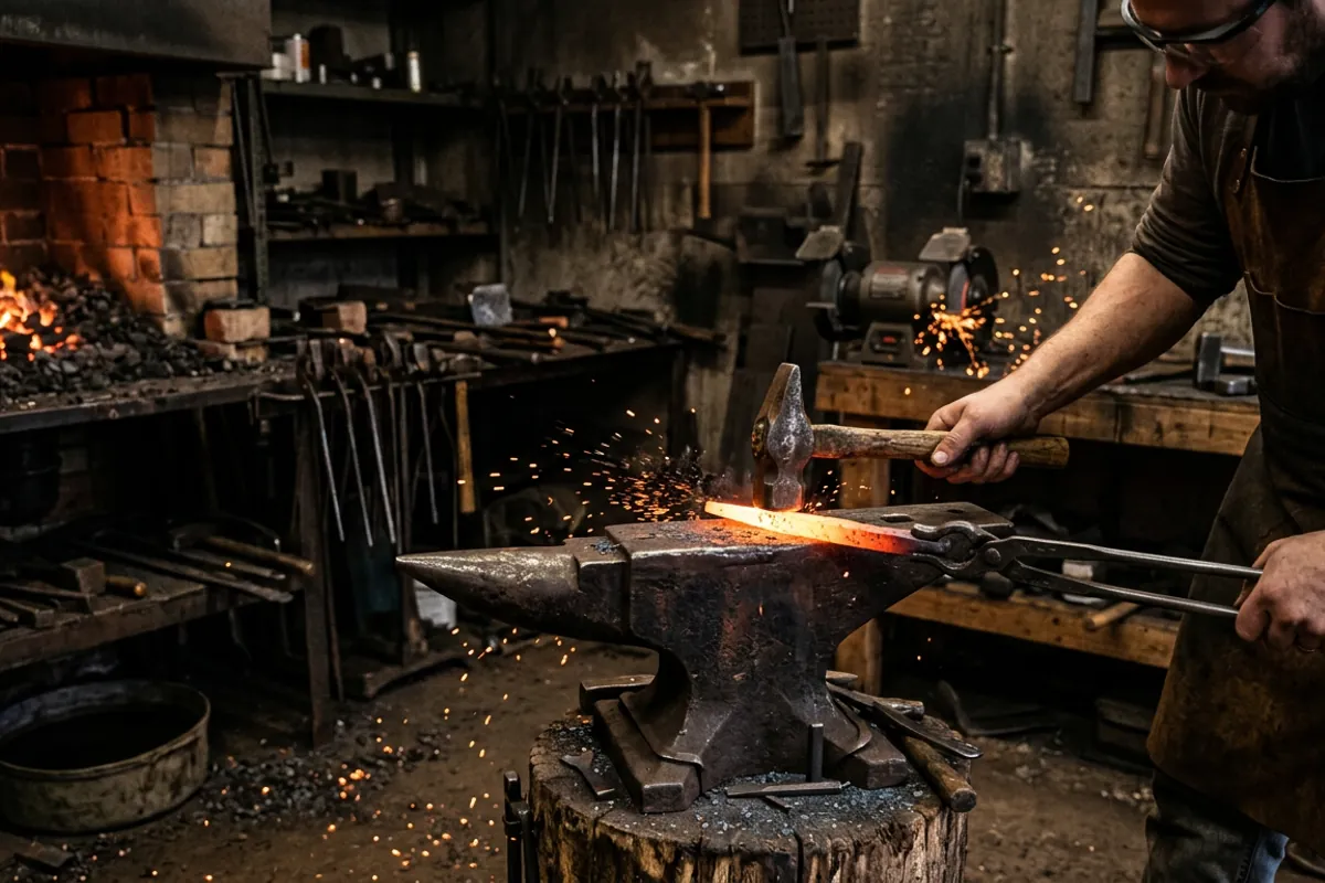 Hammering a tapered handle to forge a bottle opener from half inch mild steel bar