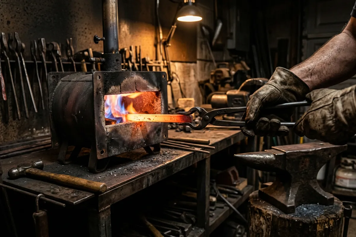 Heating mild steel bar in a single burner propane forge to forge a bottle opener