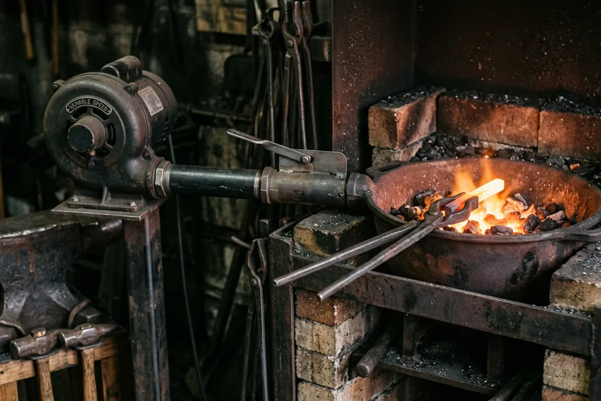 An electric forge blower with an air gate feeding a coal forge, hot steel held in tongs