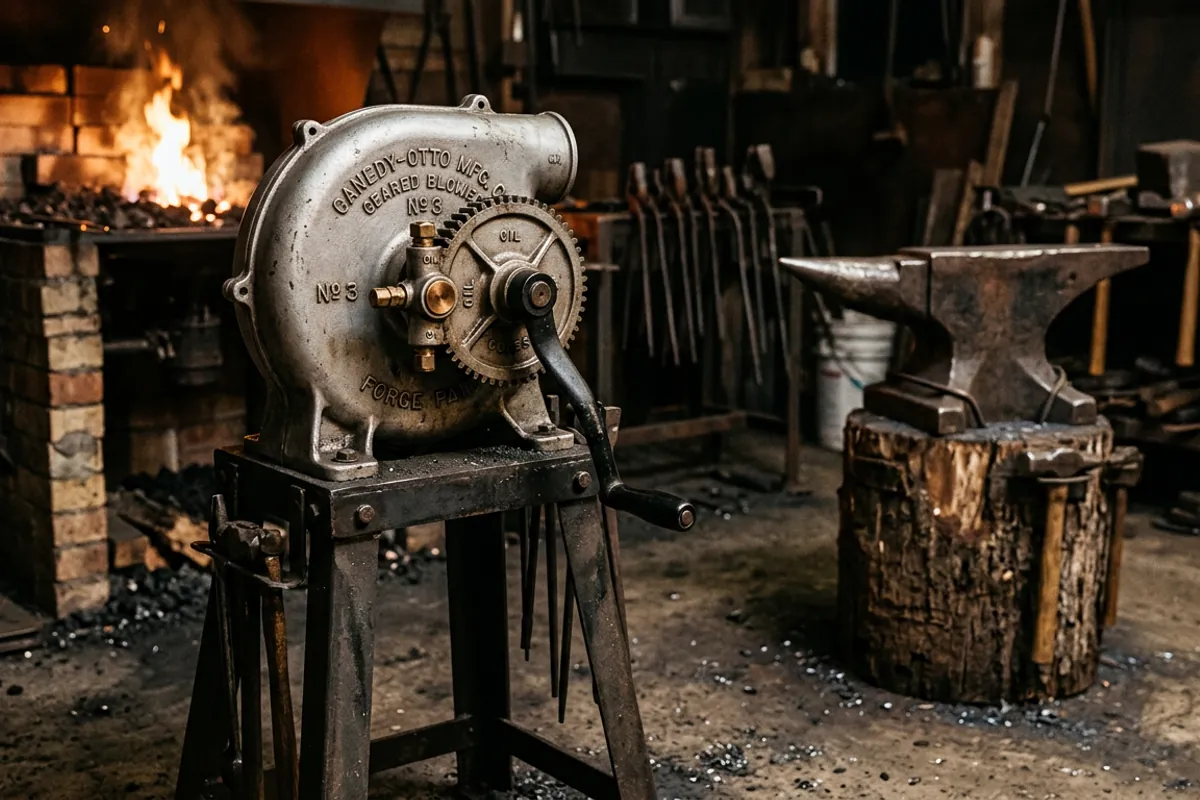 A cast aluminum hand crank forge blower on its stand in a home blacksmith shop
