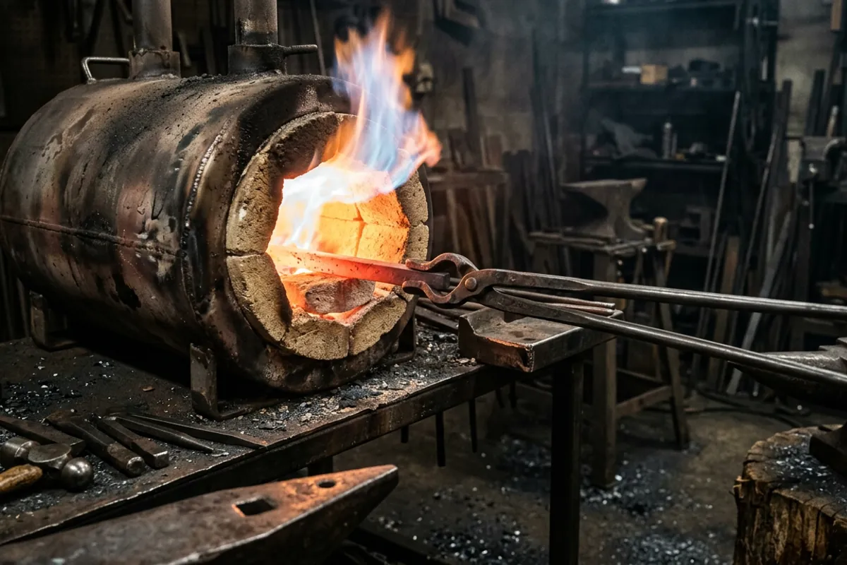 A rich propane forge flame licking out of the door, the visible sign of unburned fuel that comes with carbon monoxide from a forge