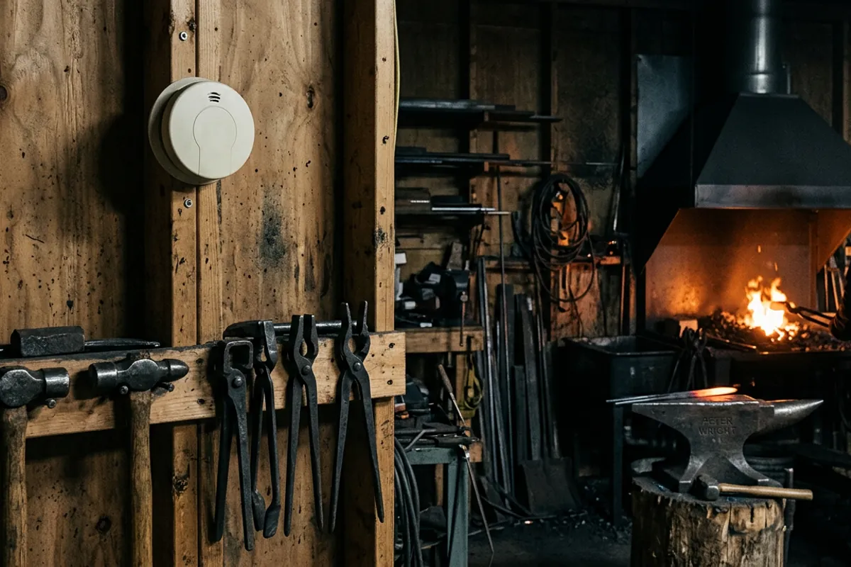 A carbon monoxide alarm mounted on a shop wall away from the fire, one layer of defense against carbon monoxide from a forge