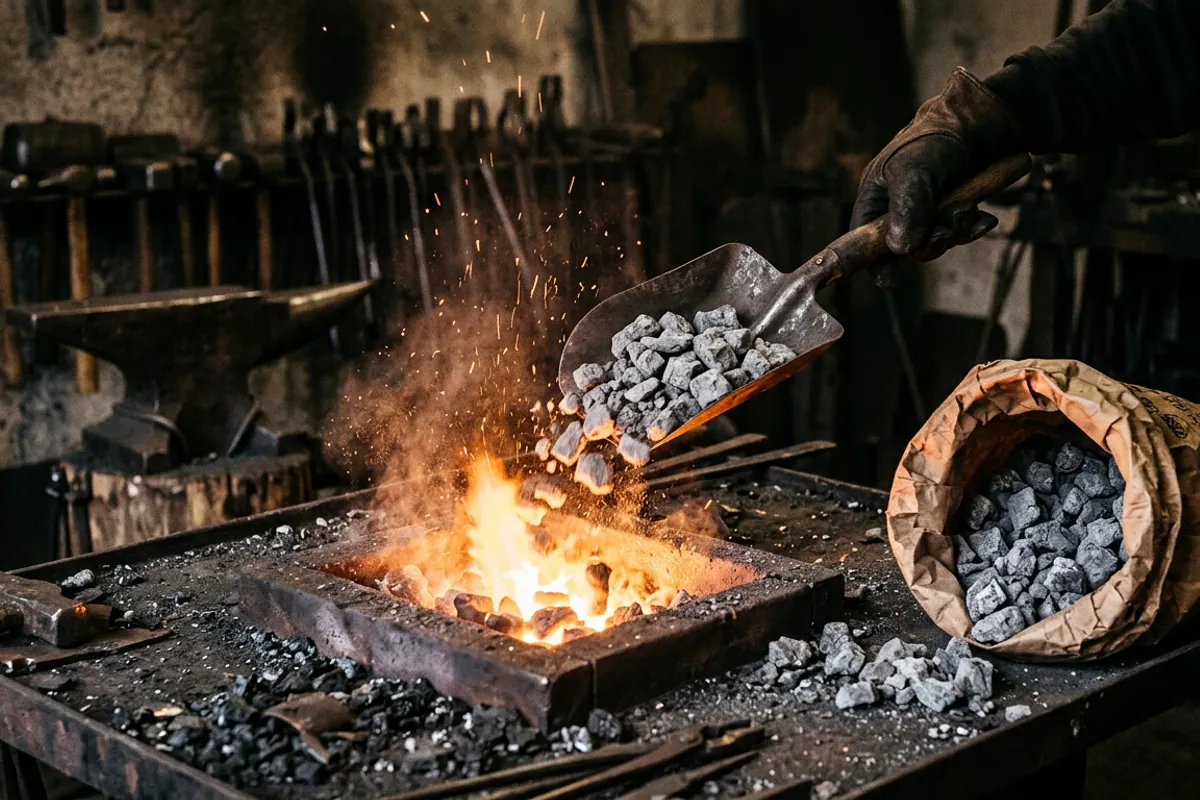 A shovel of bagged forge coke being tipped into a blacksmith firepot