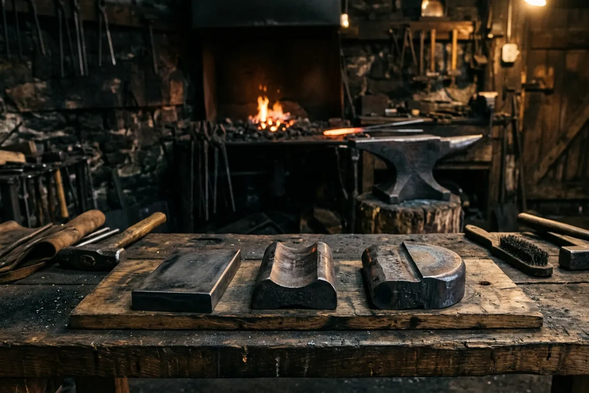 A row of different forge dies showing flat, drawing, and combination faces on a shop bench