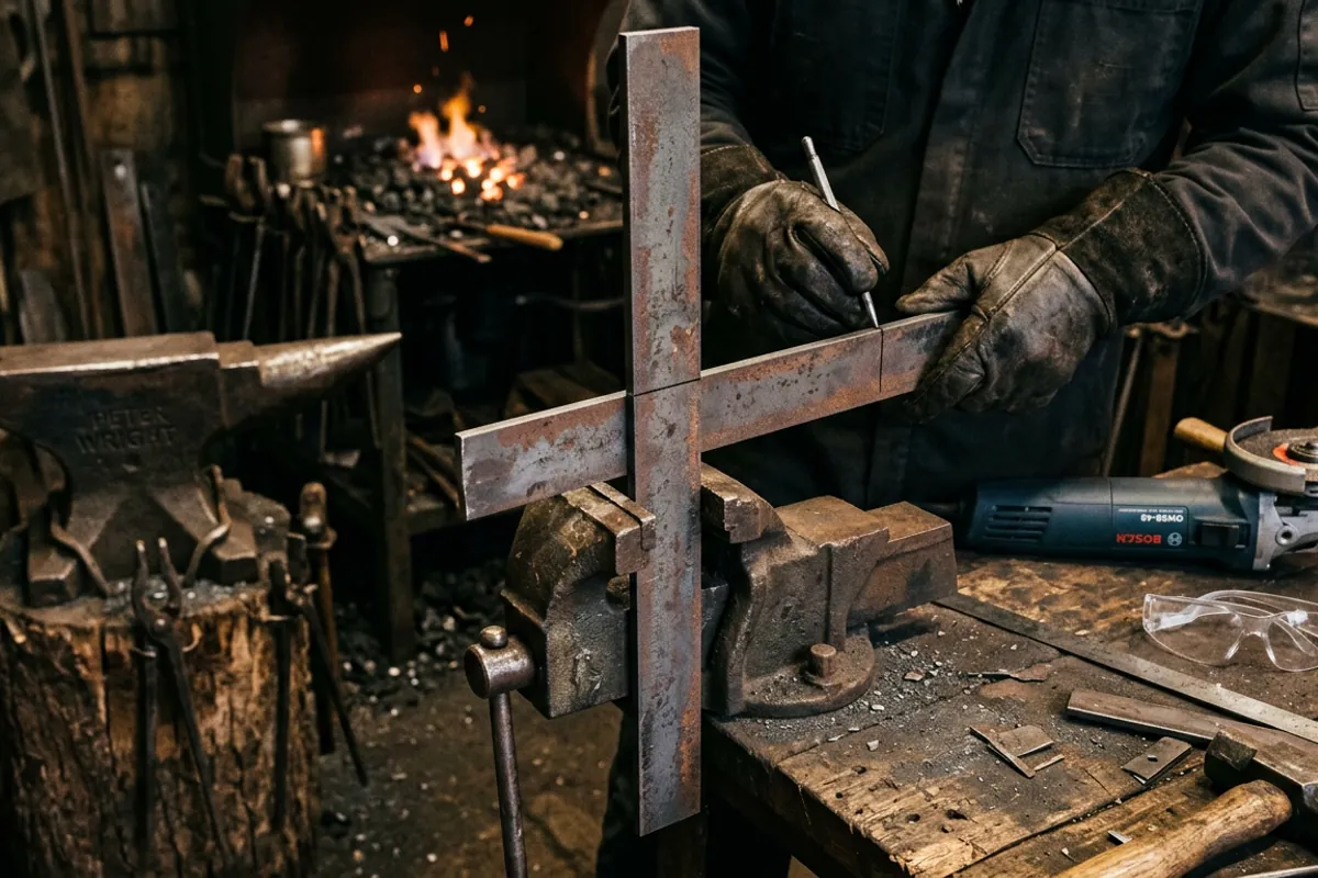 Steel flat bar being marked up to make homemade forge dies in a home shop