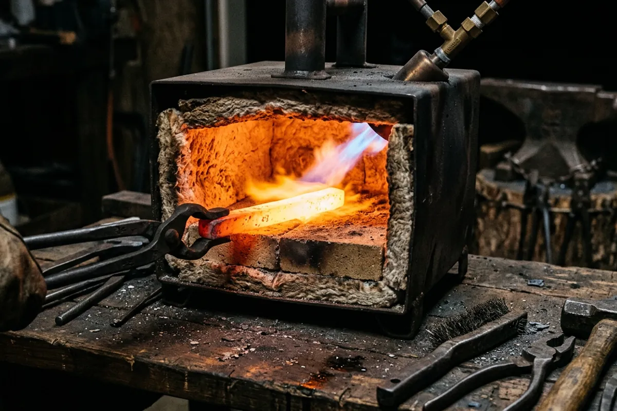 A propane forge for beginners with a steel bar heating to orange inside the ceramic fiber chamber