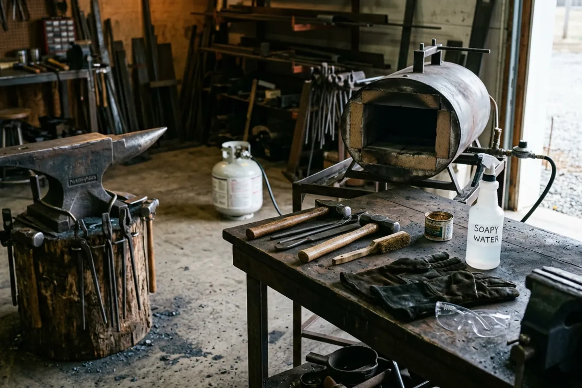 Safety glasses and gloves laid out beside a forge for beginners before lighting
