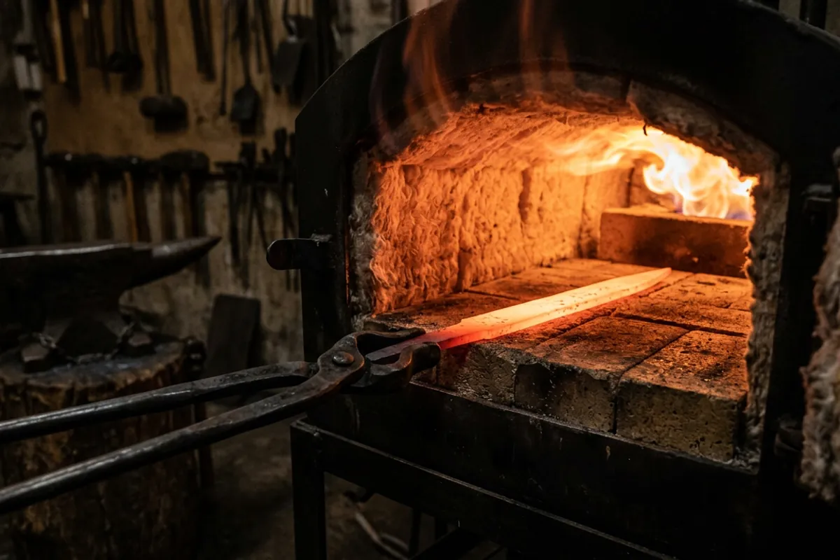 A blade blank reaching even orange forging heat inside a forge for knife making