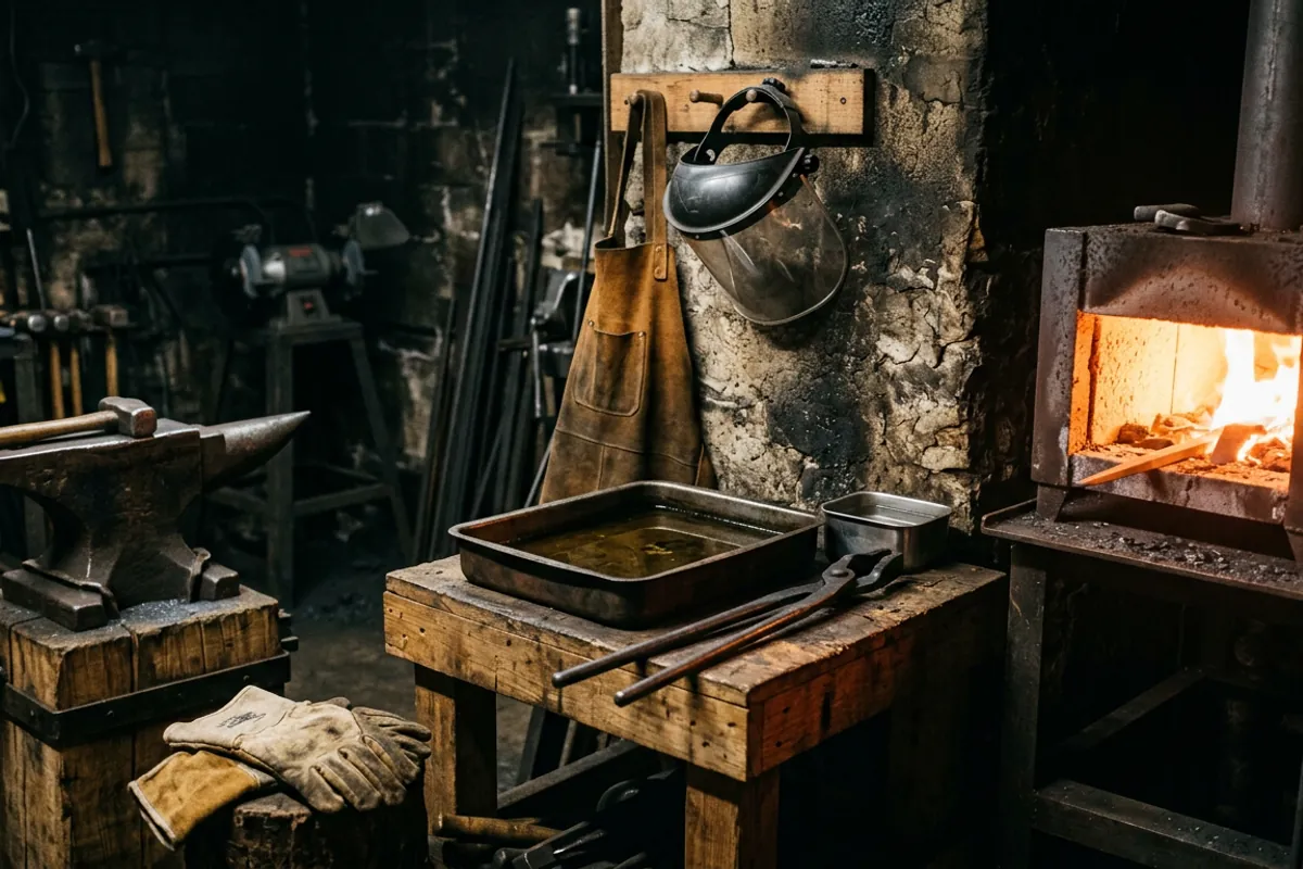 Quench oil, face shield, and leather apron staged safely beside a forge for knife making