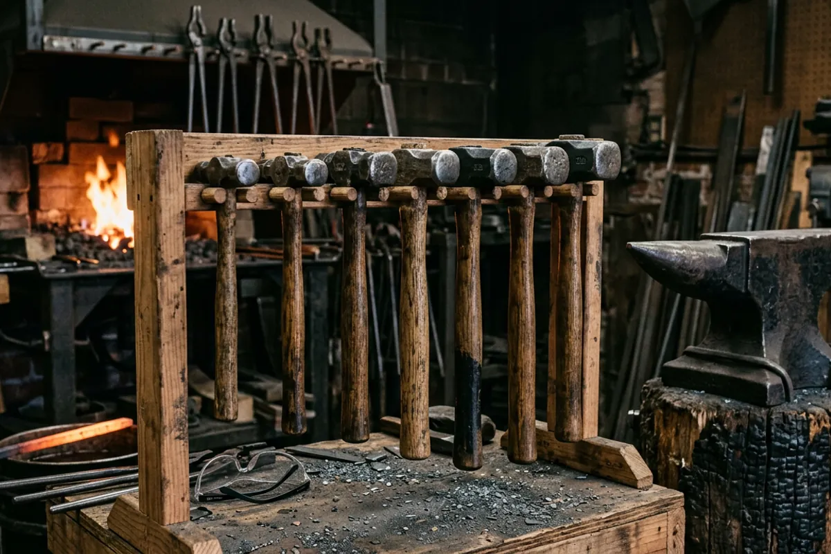 Several forge hammers of different weights hanging on a shop rack beside the anvil