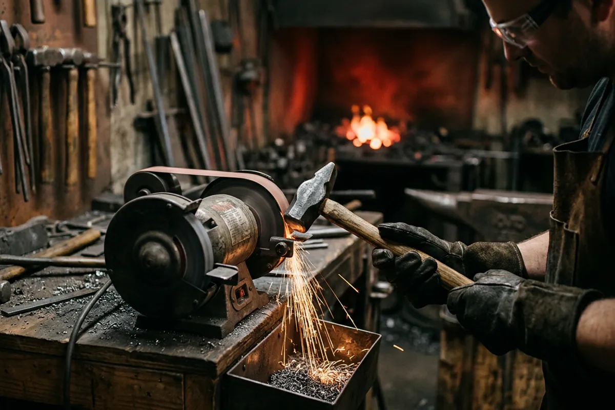 Dressing the sharp edge off a new forge hammer face on a belt grinder while wearing eye protection