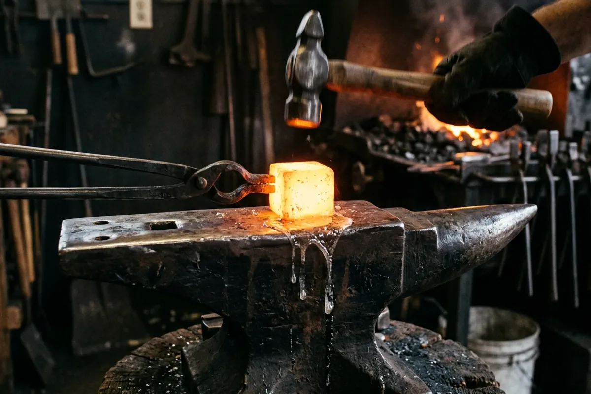 Two billets at forge welding heat in a coal fire coated in molten forge welding flux