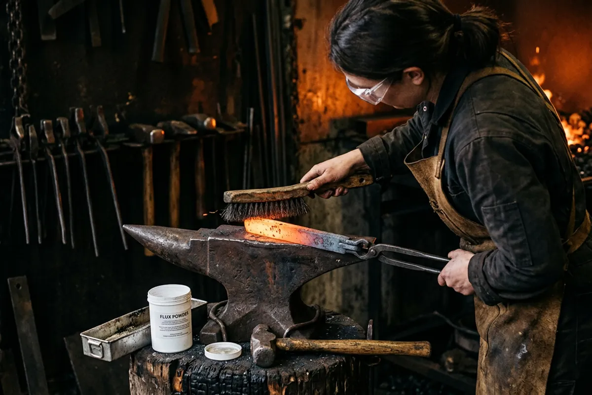 A smith brushing scale from a bar at the anvil beside a sealed tub of forge welding flux