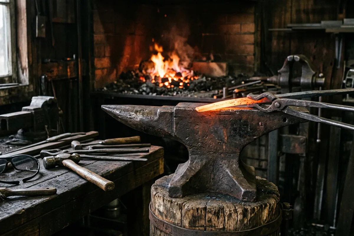 A vintage forged anvil with a wrought body and welded steel face holding hot steel in a home smithy