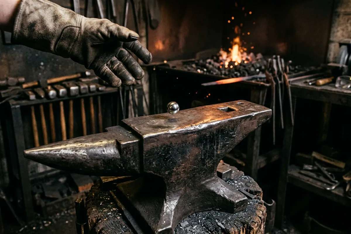Testing rebound on the face of a forged steel anvil with a bouncing ball bearing