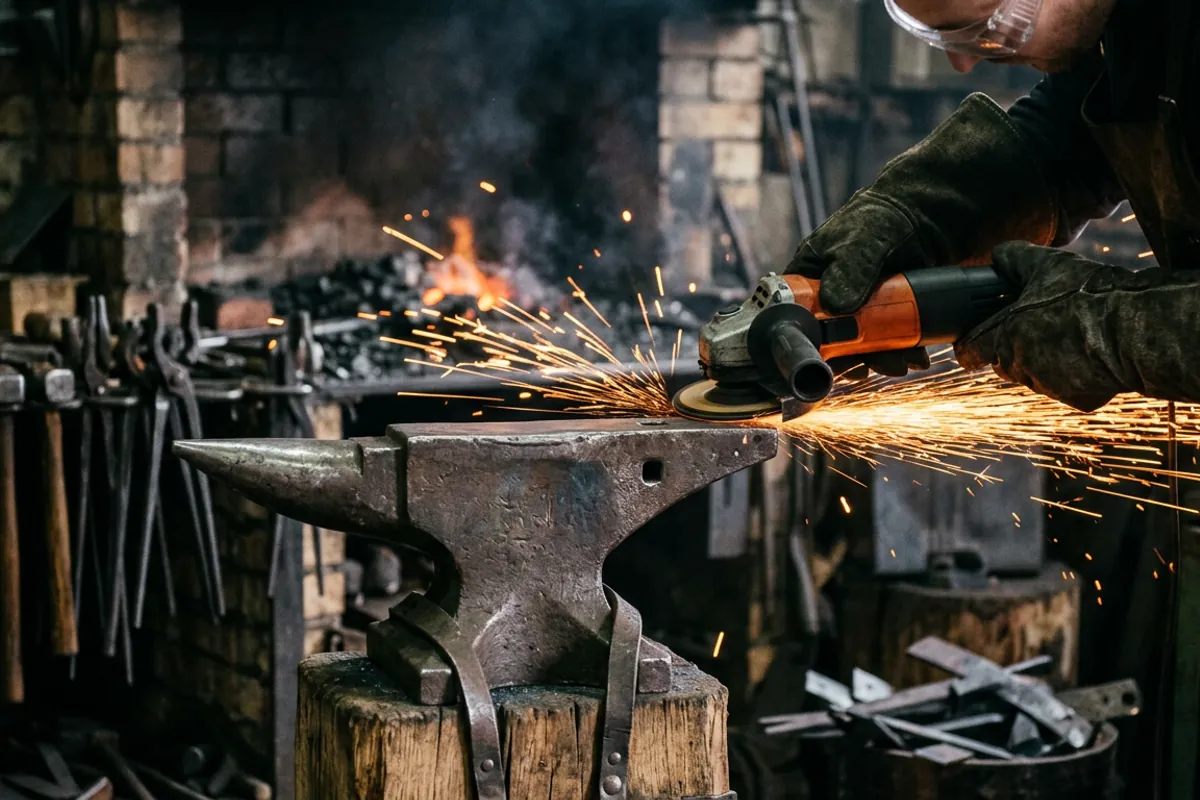 Gloved hands lightly dressing the edge of a forged steel anvil while sparks fly, safety glasses on