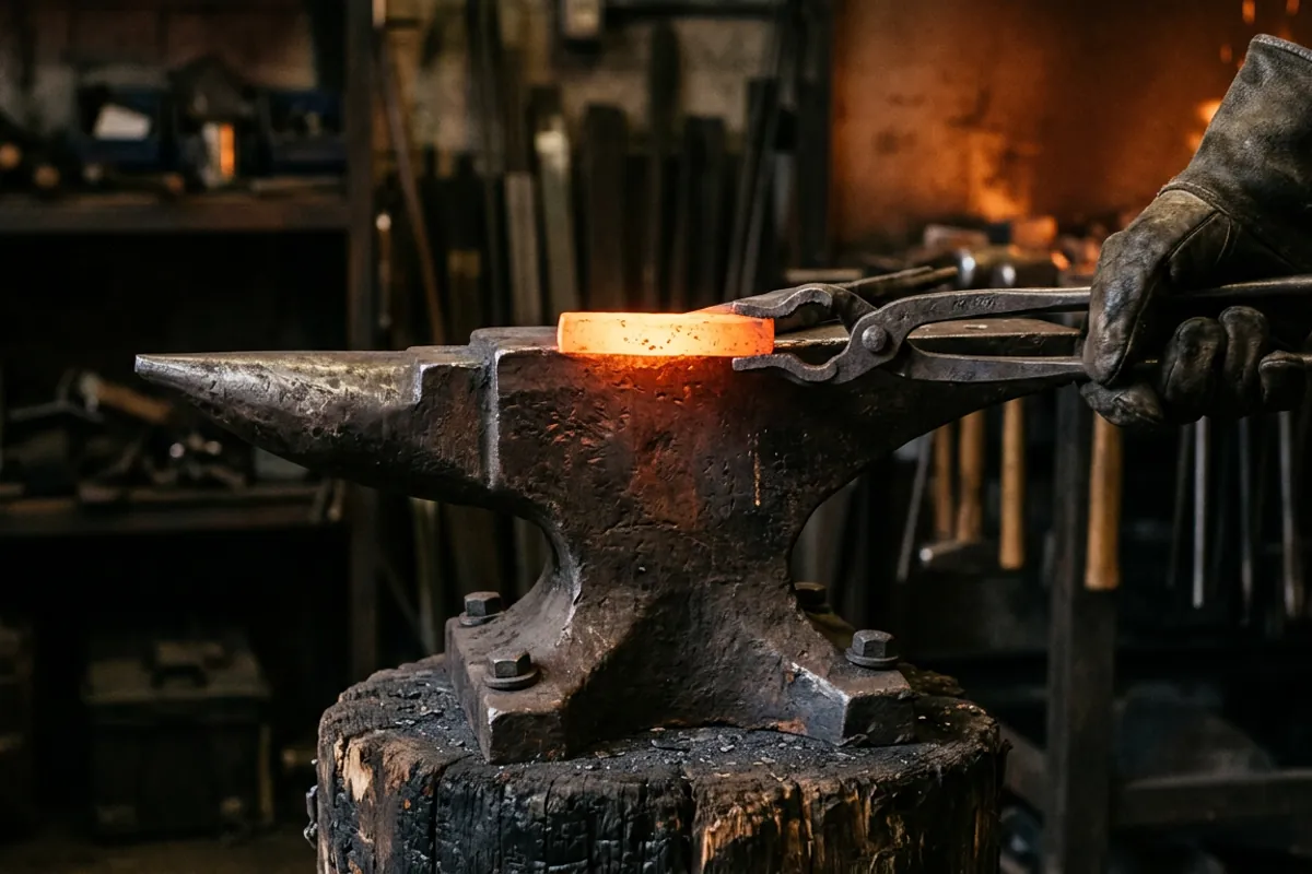 A single horn anvil holding a glowing bar of steel, showing the horn, face, and hardy hole used in forging equipment work.