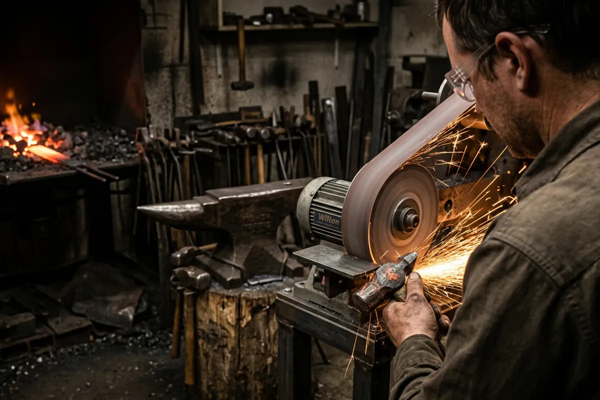 A smith in eye protection dressing a hammer face at the grinder, part of setting up forging equipment safely.