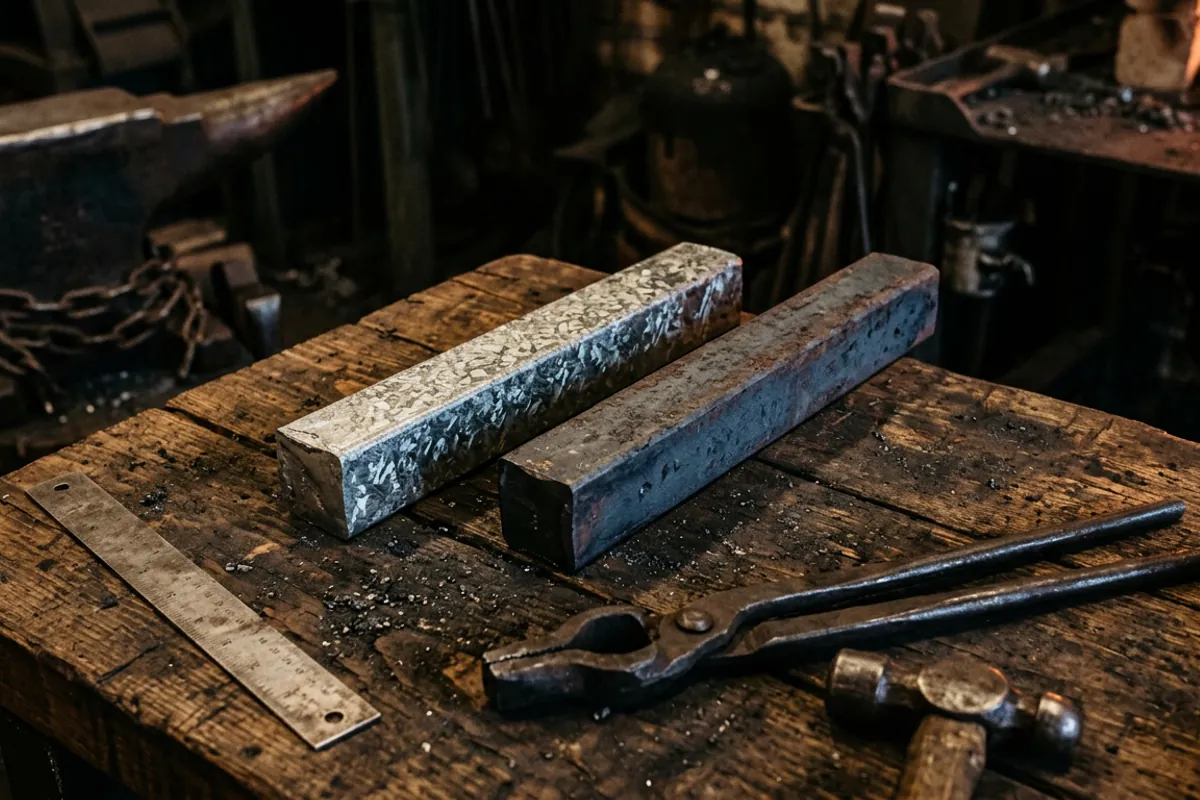 Spangled galvanized bar next to bare mill scale steel, the check I make before forging galvanized steel is ever on the table