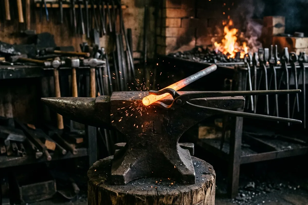 Tongs from a forging kit gripping hot steel on the anvil face in a dark home shop
