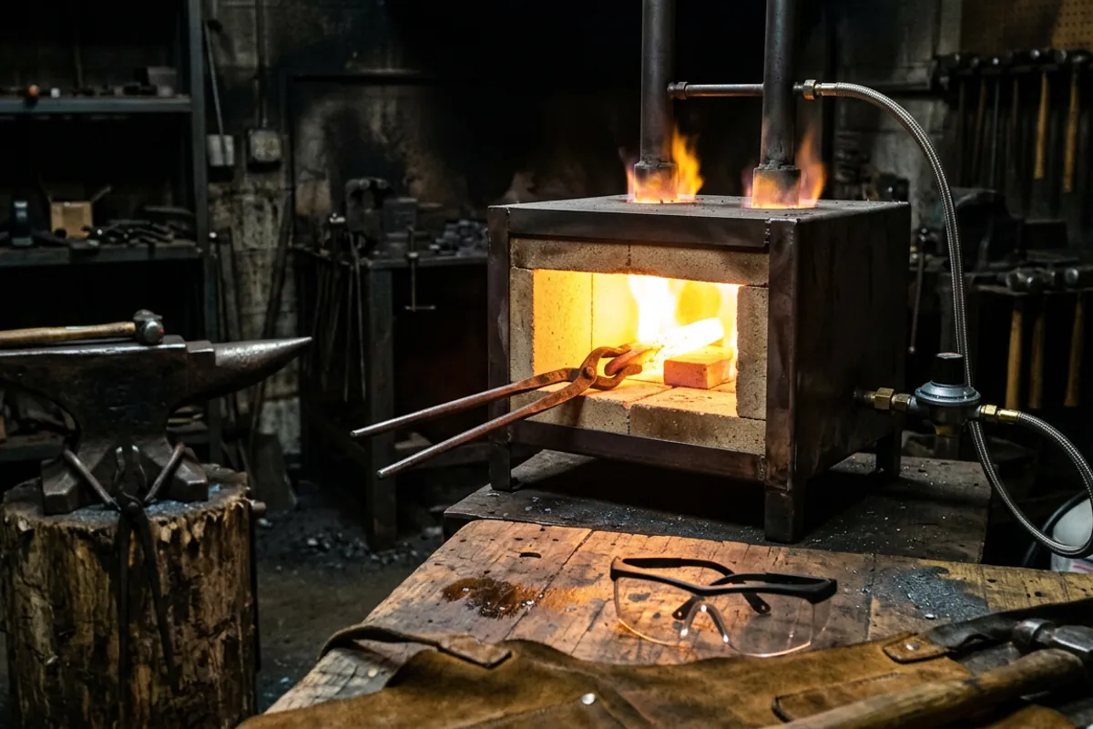 A double burner propane forge from a forging kit glowing in a home smithy with eye protection on the bench