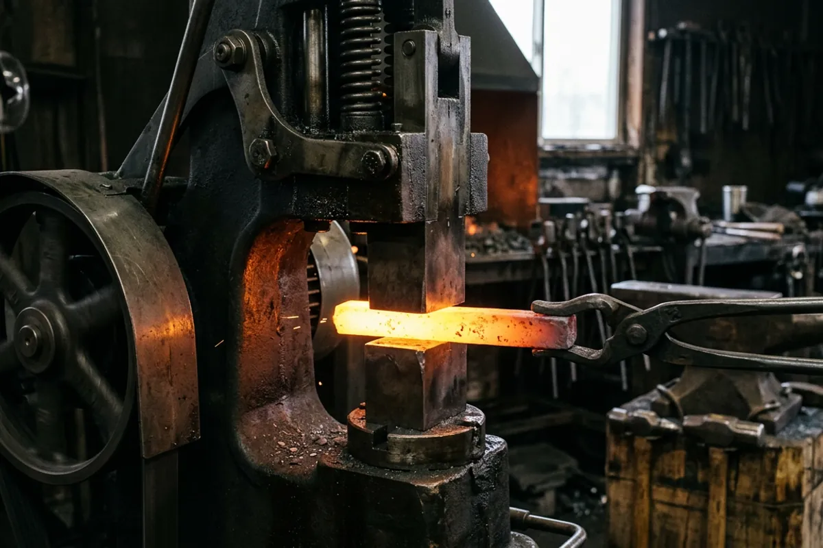 Close view of a forging power hammer drawing a hot bar between flat dies